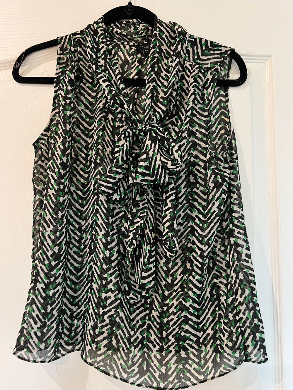 Talbots Black White and Green Sleeveless Tie-Neck Blouse